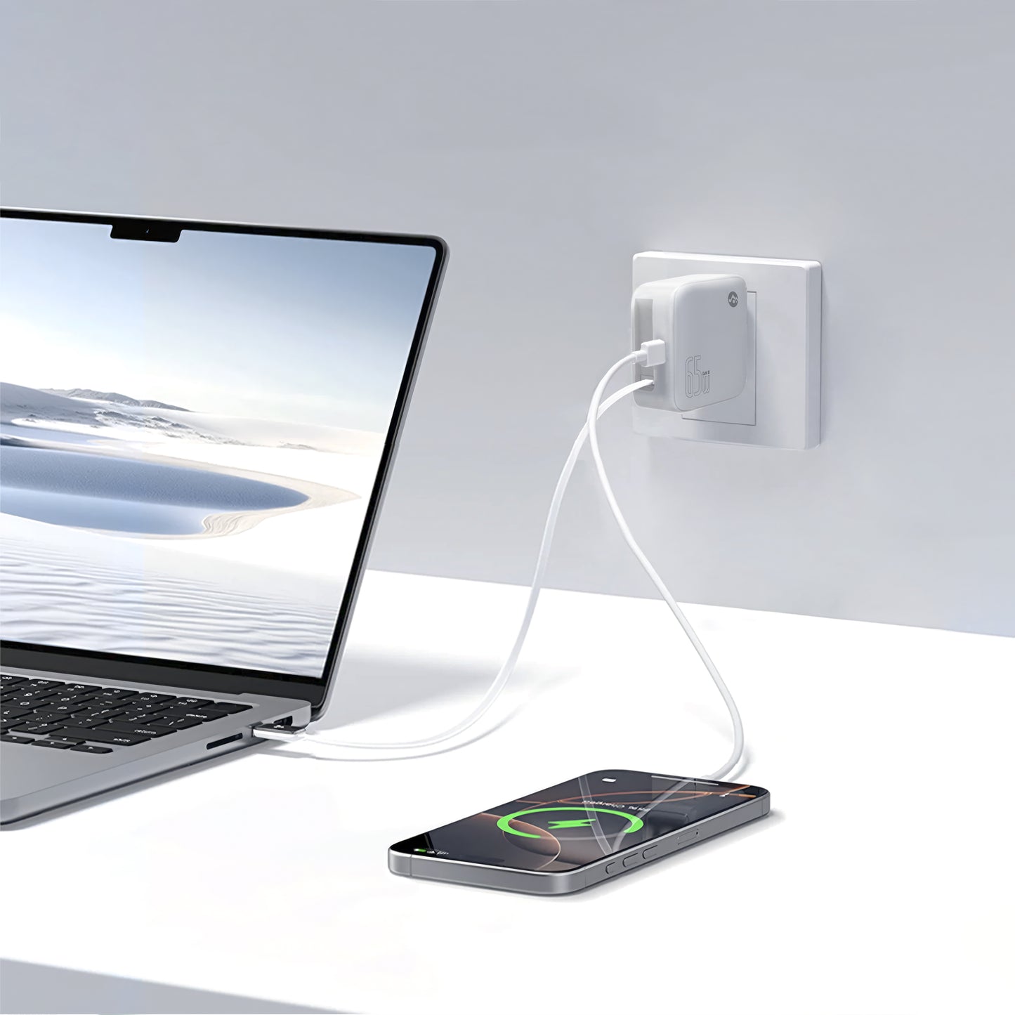Retract - Dual Port 65W Foldable Wall Charger with Built-in 100W USB-C Cable